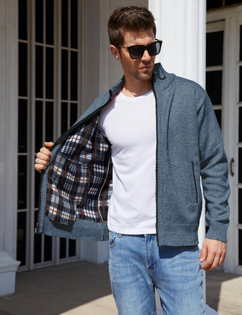 Yeokou Men's Casual Slim Full Zip Thick Knitted Cardigan Sweaters with Pockets (Medium, Blue001) - Image 4